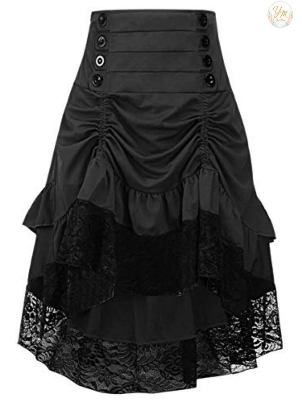 Gothic Steampunk Asymmetrical High Low Skirt Lace Trim Ruffle Linen